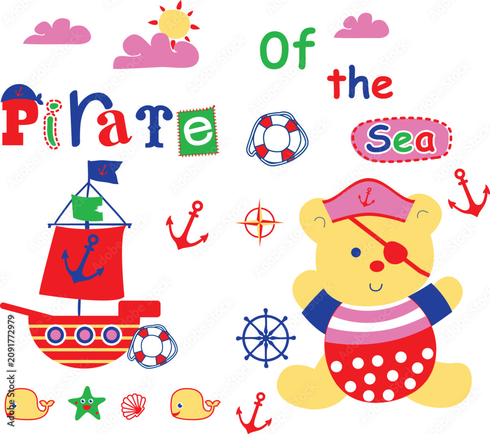Fototapeta premium Cute pirate bear holding a secret map on a treasure hunt ocean adventure, nautical theme vector for boys clothing