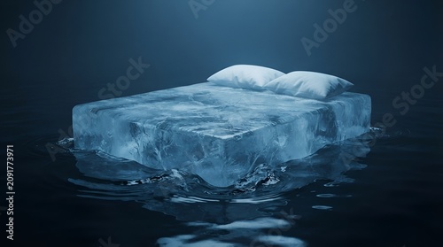 Bed with pillows made of solid ice blocks floating on dark water surface in a mysterious dark environment with cold blue lighting effects