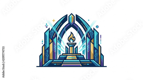 Картината върху платно Colorful Geometric Cathedral with Glowing Flame Altar.