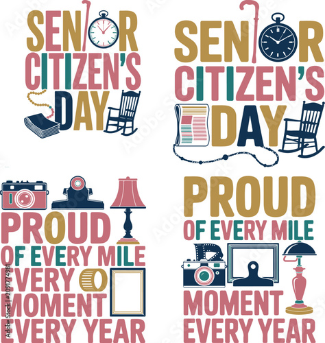 Senior Citizens Day celebration graphics with colorful typography and icons on white background  senior citizens day graphics