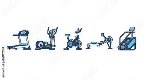 Collection of modern gym cardio machines in flat design.