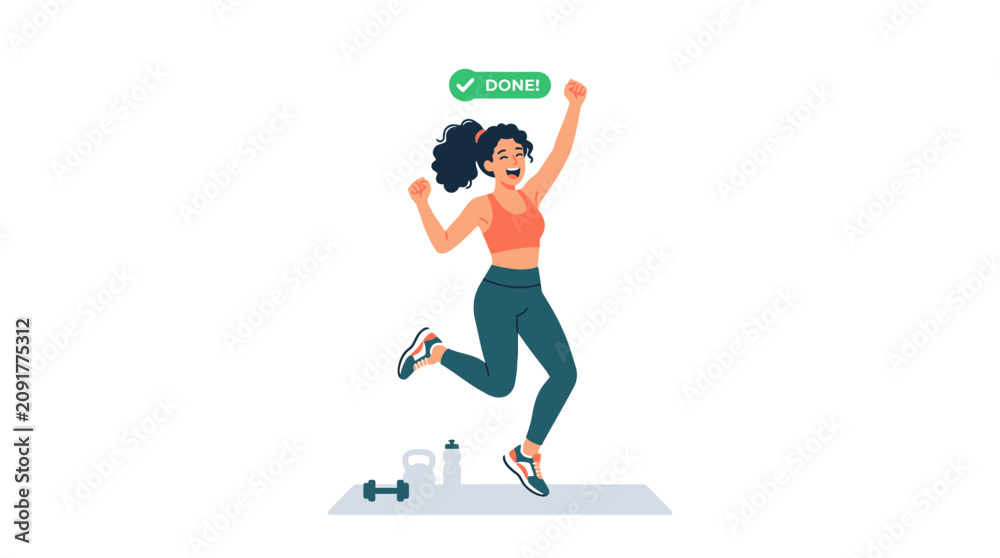 Fototapeta premium Happy woman celebrates fitness achievement after successful workout.
