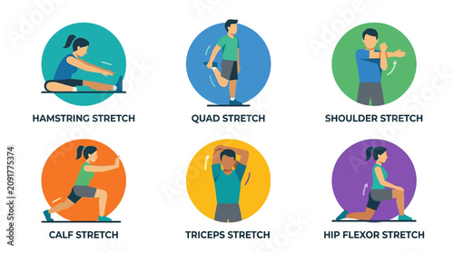 Bild auf Leinwand Vector infographic of basic stretching exercises for fitness and flexibility