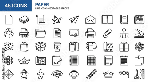 Extensive Collection of Fifty One Paper Related Outline Icons Minimalist Linear Stationery Design Elements for Professional Business Documents Featuring Editable Stroke Graphic Vector Illustration
