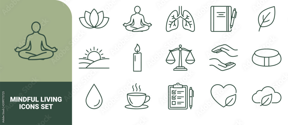 Fototapeta premium Set of thin line icons representing mindful living, wellness, and health, featuring symbols for meditation, nature, balance, and self-care practices