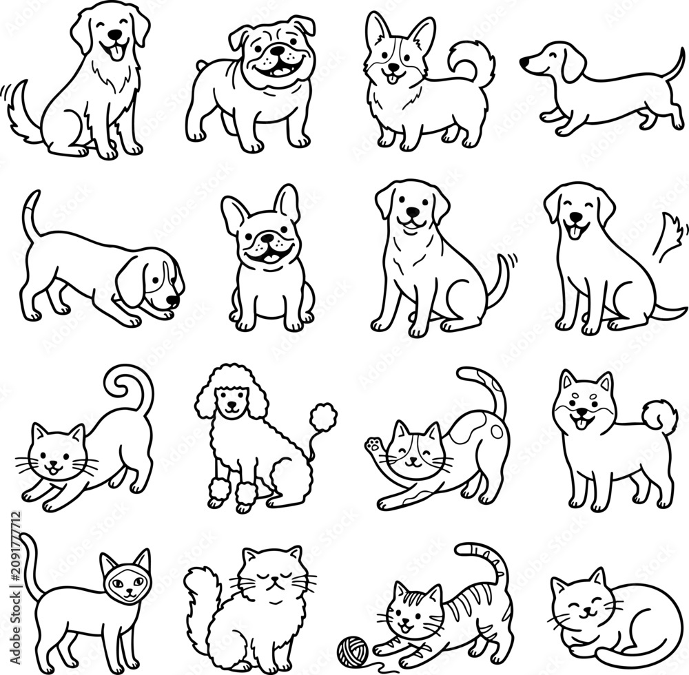 Fototapeta premium Cute cartoon dogs and cats line art vector set with illustration collection outlines character