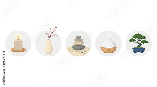 Collection of peaceful zen relaxation and spa wellness icons.