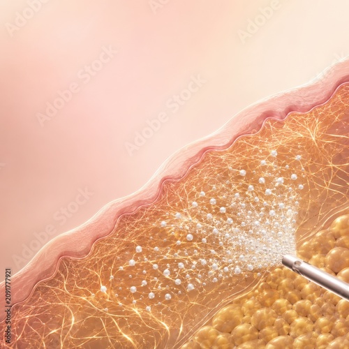 Medical illustration of procedure targeting subcutaneous fat layer with advanced injection technology and skin tissue detail