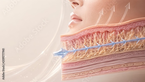 Close up cross section view of human facial skin structure showing collagen fiber and airflow effect