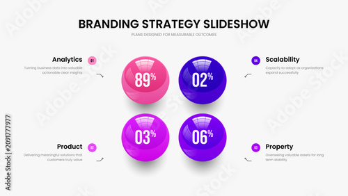 Professional Planning 4 Element Diagram Slideshow Design. Simple Analysis Four Option Infographic Slide Layout. Creative Plan Frame Template Vector Illustration.