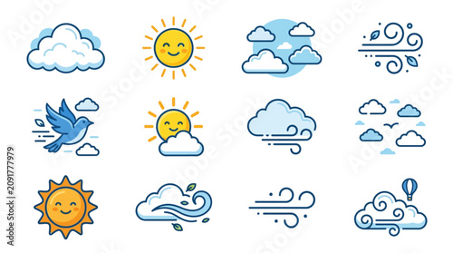 Cute weather icons set with sun, clouds, wind, and a bird.