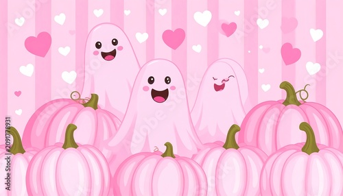 Cute Cartoon Ghosts Smiling Among Pink Pumpkins on Striped Heart Background