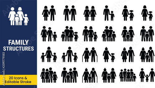 Bild auf Leinwand Family structure icons, 20 black silhouette people, family relationships, divers