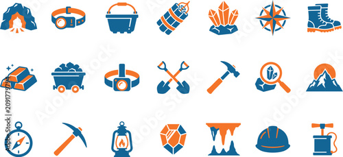 Fotografía Mining exploration equipment and gold extraction tools icons set for geology and prospecting work
