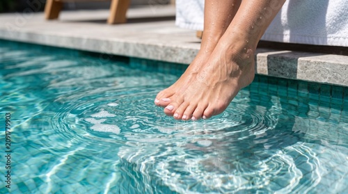 A person's bare feet gently touching the rippling surface of a clear blue swimming pool on a sunny day.