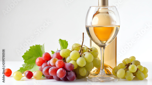 A refreshing glass of white wine paired with fresh grapes, perfect for a summertime gathering or celebration.