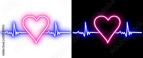 Glowing Neon Heart with ECG Heartbeat Pulse Line, Medical Love Symbol, Romantic Health Illustration, Transparent Background PNG