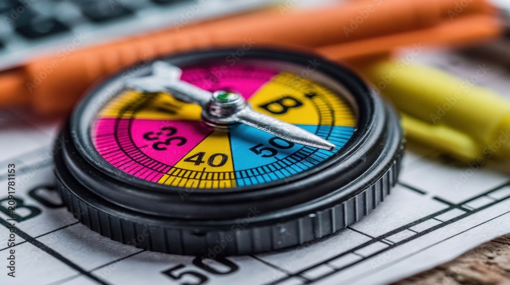 Obraz premium Close-up of colorful spinner on board game score sheet with pencil and crayon in background playful leisure activity for family and friends entertainment