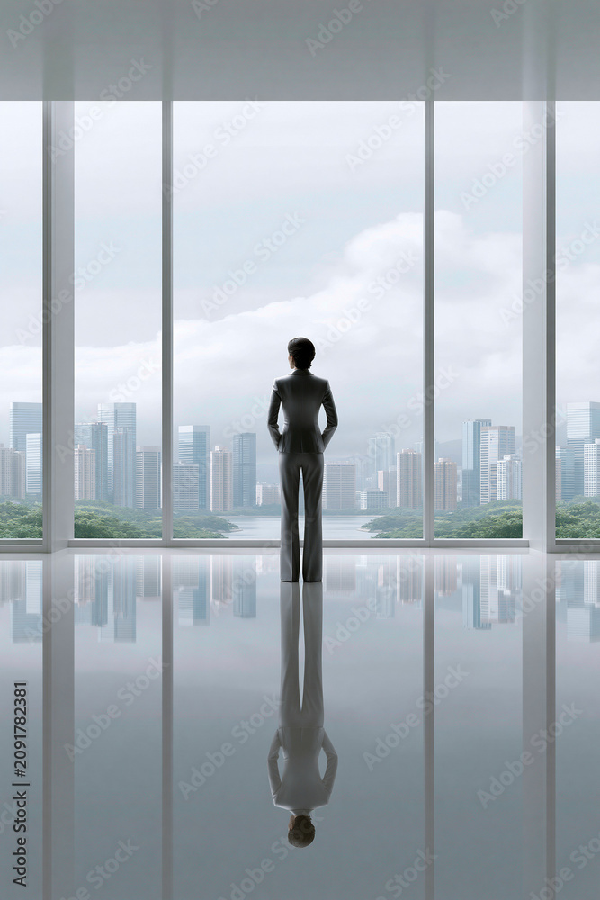 Fototapeta premium An investor overlooking a cityscape from a high-rise office, symbolizing the broad market access through private investments, captured in a documentary photography style