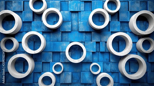 Abstract 3d blue textured wall background featuring floating white circular rings for modern graphic design projects and digital art presentations concept