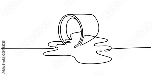 Obraz na płótnie Continuous single line drawing of a bucket spilling liquid on the ground