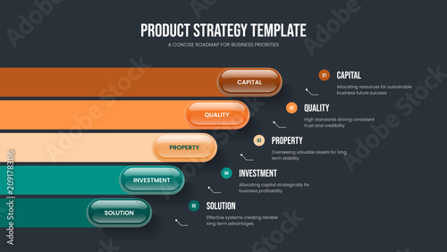 Financial Strategy Slide Design Vector Illustration. Marketing Visualization Five Element Diagram Slideshow Layout. Company Performance 5 Step Infographic Presentation Template.