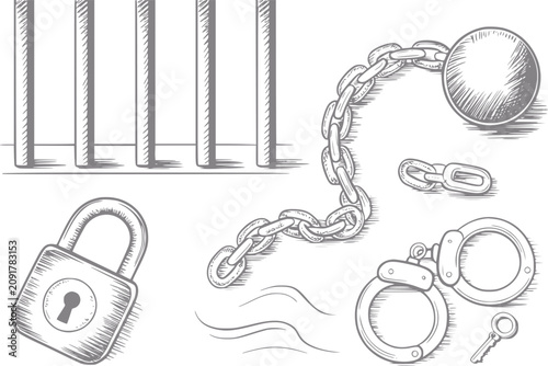 Φωτογραφία Prison bars, lock, chains, handcuffs, ball and key