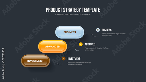 Advertising Performance 3 Element Diagram Slide Layout. Financial Solution Slideshow Design Vector Illustration. Marketing Plan Three Option Infographic Frame Template.