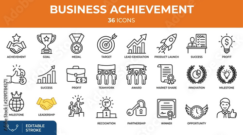 Professional business achievement icon set containing vector symbols for corporate goal, financial growth, performance target, leadership success, and strategic progress.