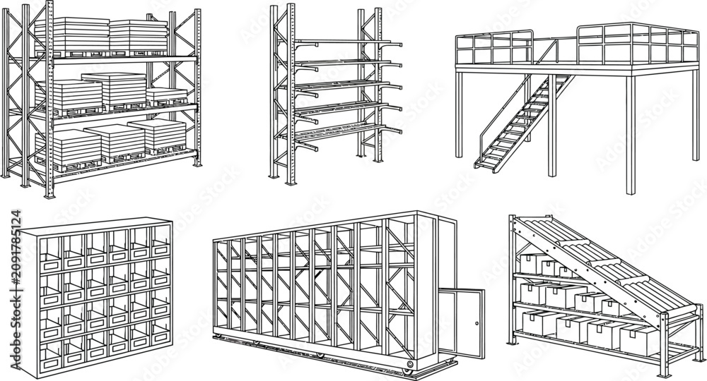 Fototapeta premium Diverse collection of warehouse storage systems featuring industrial racking shelving and mezzanine structures presented as detailed line art vector illustrations for logistics and inventory managemen
