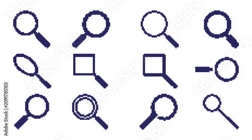 Pixel magnifying glass search icons set