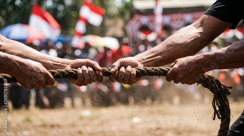 Competitive tug of war game during Independence Day.