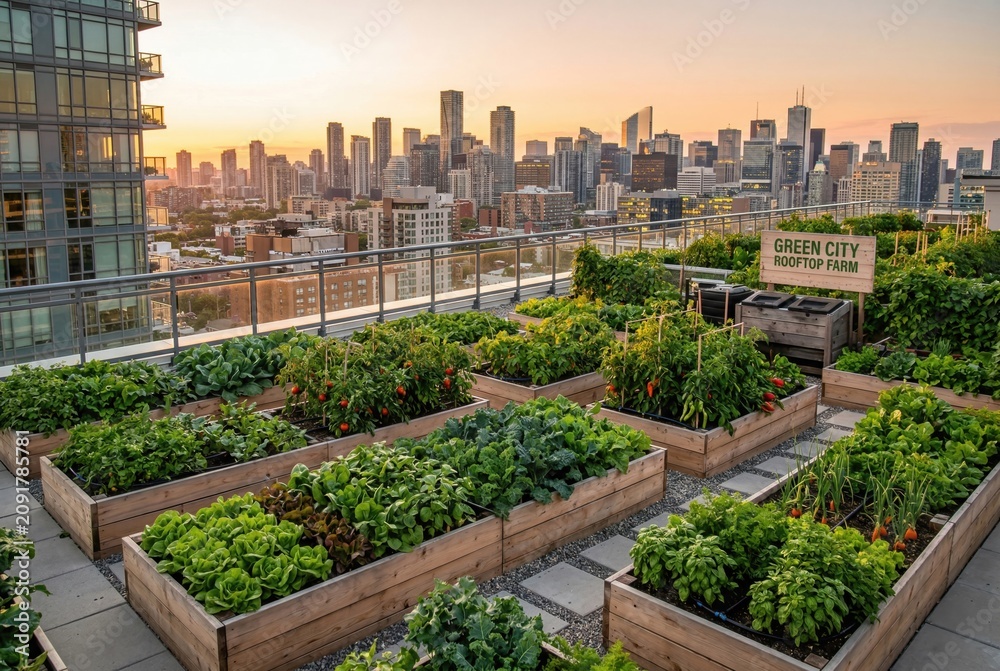 Fototapeta premium Cityscape view from a lush rooftop garden with green vegetable plants in raised beds