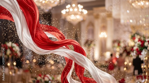 Dynamic waves of red and white patriotic fabric.