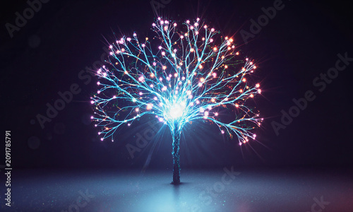 Neural network technology growth glowing digital tree representing artificial intelligence and data connections expanding in a dark void