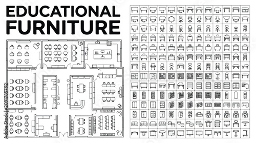 Educational furniture floor plan icons, school classroom interior layout vector, university lecture hall furniture set for architectural design