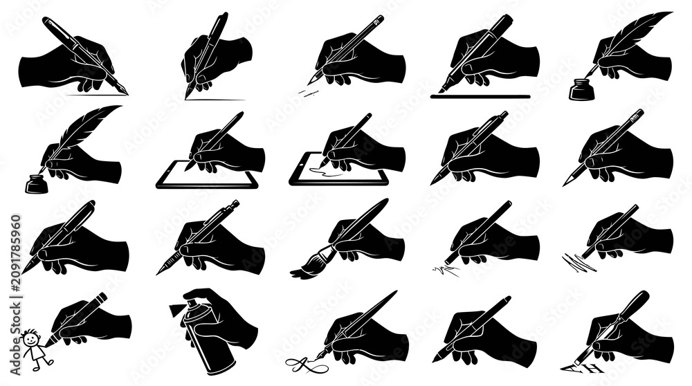 Obraz premium Hands Writing Drawing Silhouette Icons Set - Creative Process, Education Office Vector Glyphs