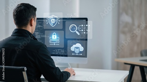 IT specialist working on cybersecurity and artificial intelligence data analysis system