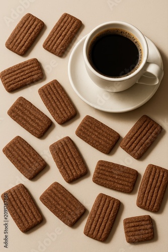 A cup of coffee with biscuits, arranged artfully for a delightful breakfast or snack moment.
