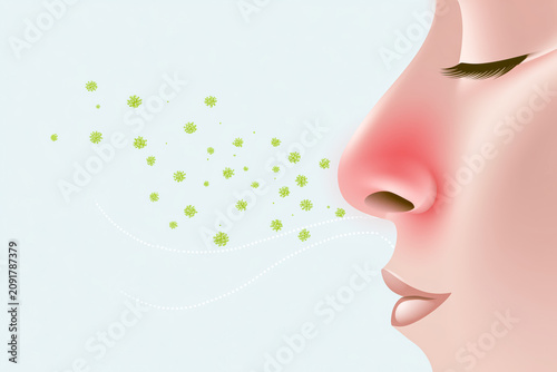 Side profile vector illustration of virus particles escaping from a mildly irritated nose
