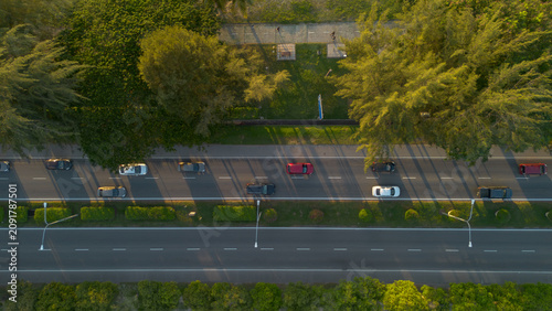 Top View of Urban Traffic with Long Shadows