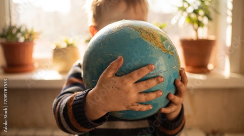 A child holds a globe in front of their face standing in a room with plants on a windowsill behind them.