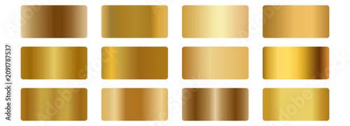 Gold and bronze gradient swatch set. Brass, copper, champagne, amber, brown foil shades. Glossy horizontal bands, light to dark. For badge, label, ribbon, medal. Vector metallic texture palette.