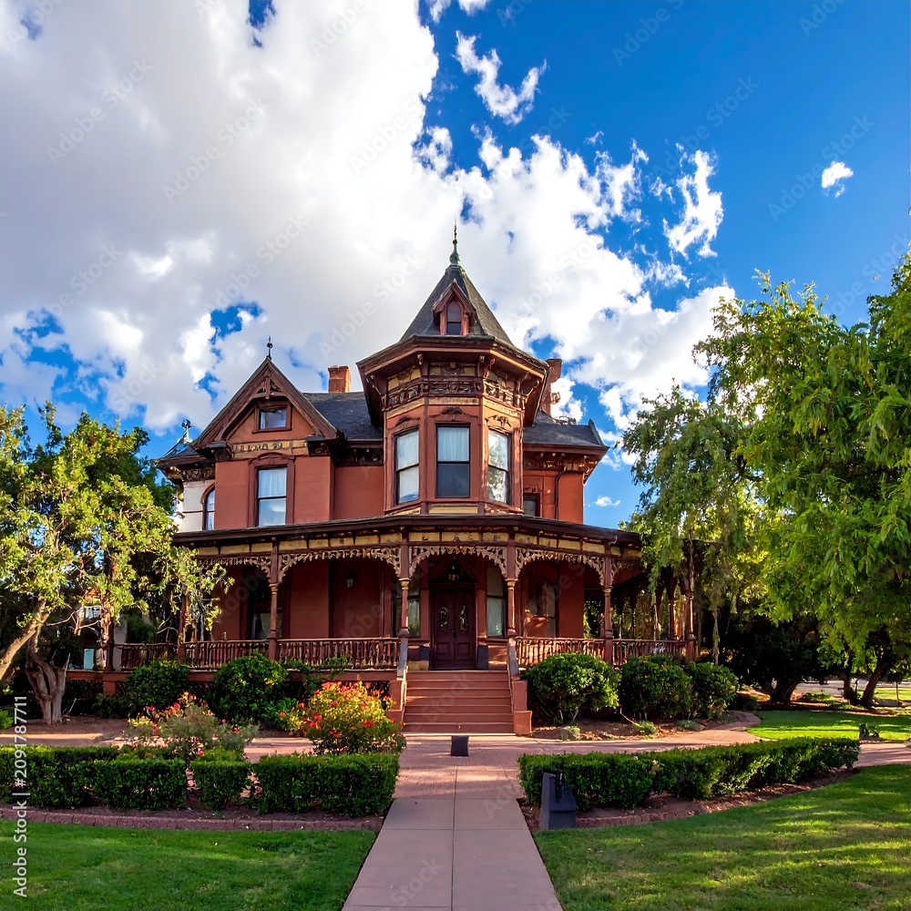 Obraz premium Ornate Victorian Mansion Surrounded by Green Garden Under Bright Blue Sky