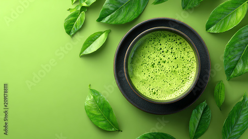 A vibrant bowl of matcha tea surrounded by fresh green leaves, perfect for wellness and health-themed content.