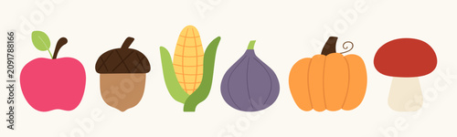 Minimalist autumn food and vegetable elements flat vector illustration funny harvest set