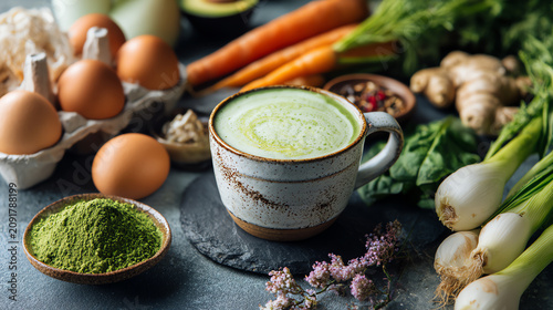 A vibrant display of fresh vegetables, eggs, and green tea matcha in a rustic setting, perfect for healthy cooking.