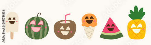 Cute spooky summer characters funny halloween tropical fruit and dessert mascot set flat vector illustration