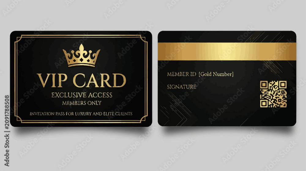 Naklejka premium Elegant Premium Black and Gold VIP Member Card Design featuring Royal Crown Symbol for Exclusive Invitation Access Pass Template suited for Luxury Elite Corporate Clients and Social Events