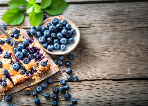 Freshly baked blueberry cake slices and scattered berries on a rustic wooden table with large copy space